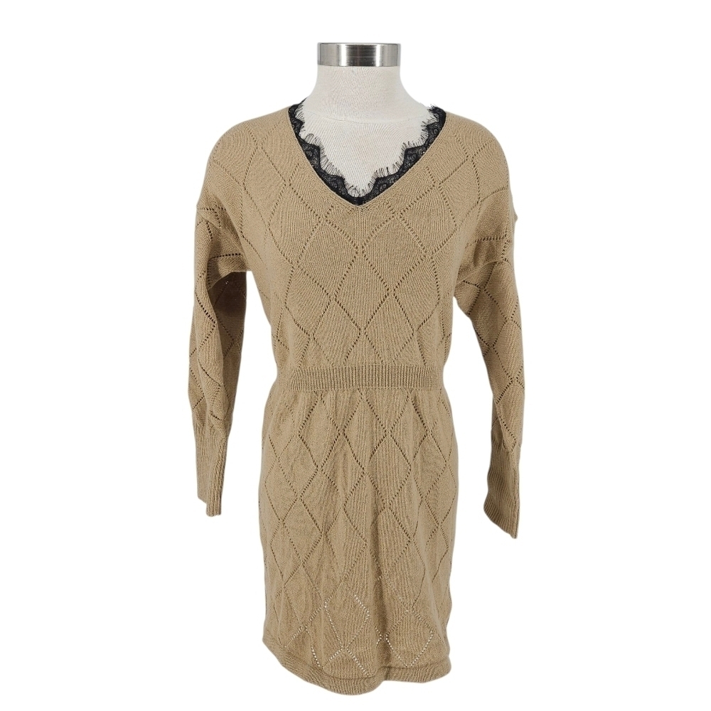 Cupshe Blouson Sweater Dress Tan Long Sleeve Pointelle Knit Lace Trim V Neck